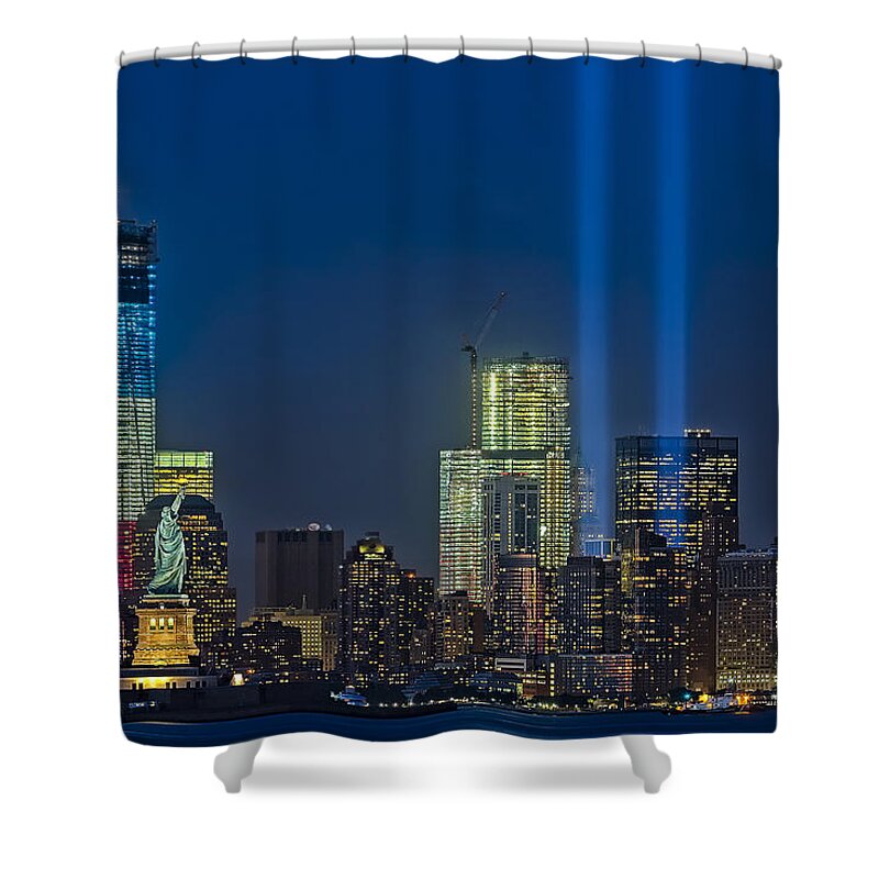 Tribute In Light Shower Curtain featuring the photograph NYC Remembers September 11 by Susan Candelario