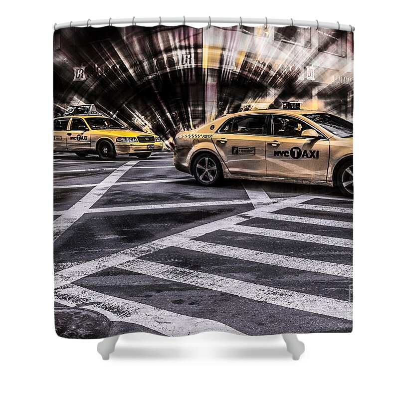 5th Shower Curtain featuring the photograph NYC Yellow Cab on 5th Street - white by Hannes Cmarits