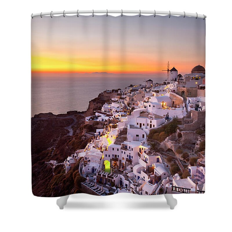 Greek Culture Shower Curtain featuring the photograph O&237a Windmills At Dusk, Santorini by Michaelutech