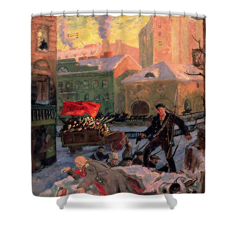 October Shower Curtain featuring the painting October 1917 In Petrograd by Boris Mihajlovic Kustodiev