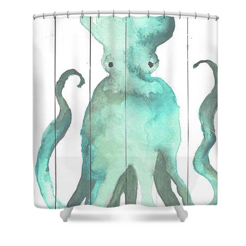 Octopus Shower Curtain featuring the painting Octopus On Wood Plank by Elizabeth Medley