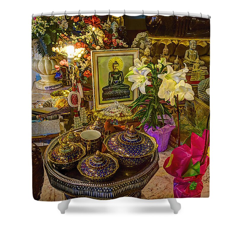 Cambodian Buddhist Temple Shower Curtain featuring the photograph Offerings by Amanda Stadther