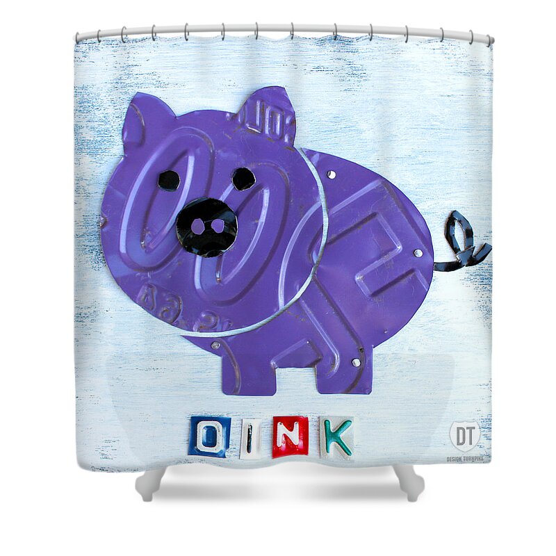 Oink The Pig License Plate Art Farm Animal License Plate Map Shower Curtain featuring the mixed media Oink the Pig License Plate Art by Design Turnpike