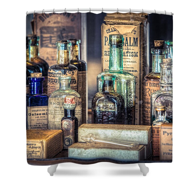 Chemists Shower Curtain featuring the photograph Ointments Tonics and Potions - A 19th Century Apothecary by Gary Heller