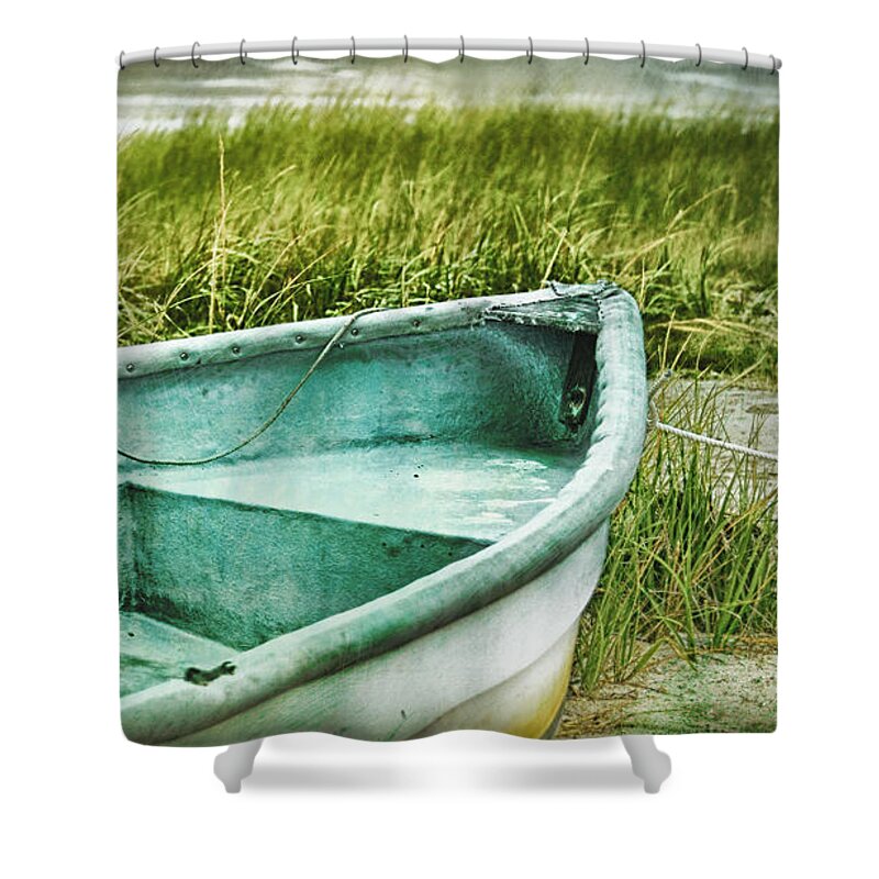 Cape Cod Shower Curtain featuring the mixed media Old dinghy on the beach Cape Cod MA retro feel by Marianne Campolongo
