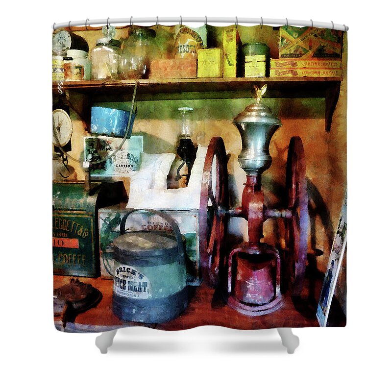 General Store Shower Curtain featuring the photograph Old-Fashioned Coffee Grinder by Susan Savad