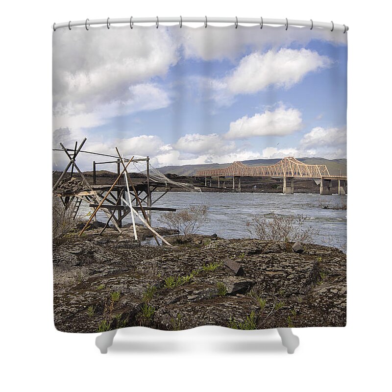 Fishing Shower Curtain featuring the photograph Old Fishing Platform by The Dalles Bridge by Jit Lim