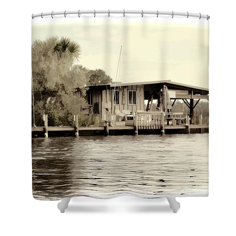 Florida Old Fish Shack Camp Waterway Palms Shower Curtain featuring the photograph Old Florida Fish Shack by Alice Gipson