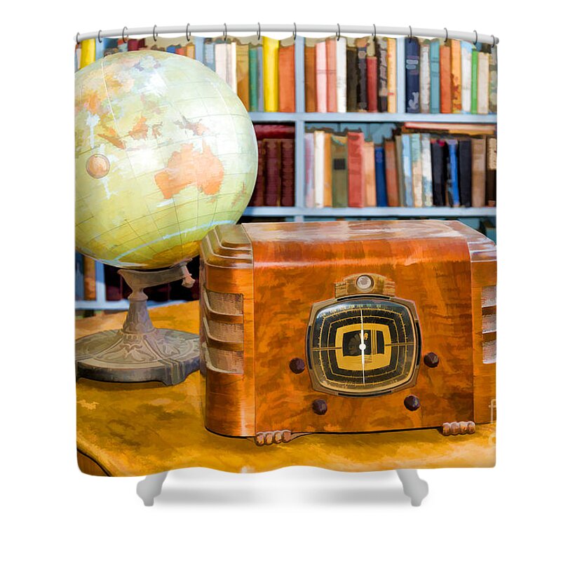 Old Shower Curtain featuring the photograph Old globe and radio by Les Palenik