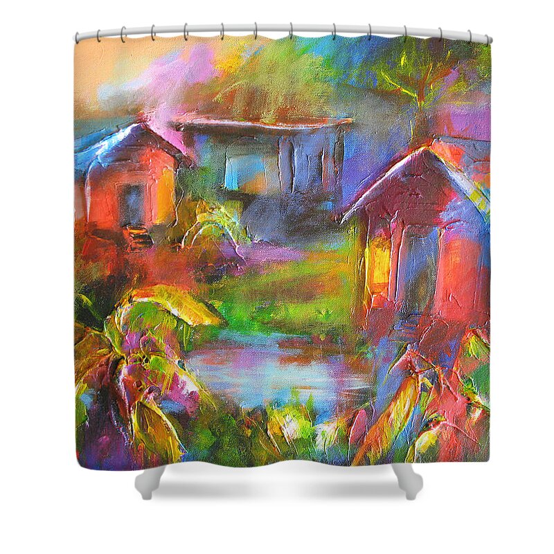 Abstract Shower Curtain featuring the painting Old Houses by Cynthia McLean