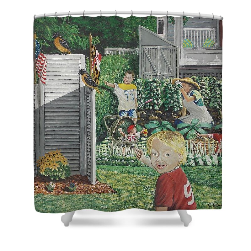 Landscape Sports Prints Jersey Garden Prints Flags Flowers Birds Children Prints Porch Baby Stroller . Patriotic Prints. Shower Curtain featuring the painting Old Jersey by Carey MacDonald
