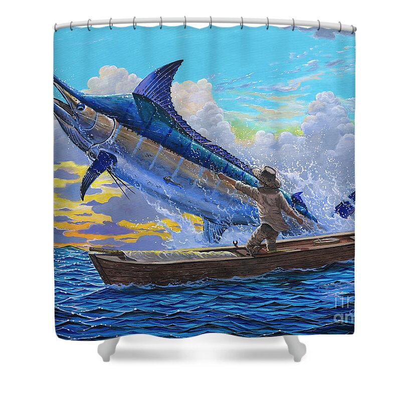 Marlin Shower Curtain featuring the painting Old Man and the Sea Off00133 by Carey Chen