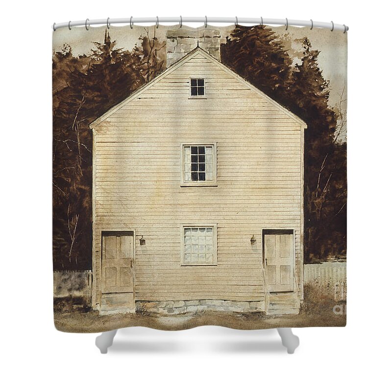 A Simple Wooden Structure Located On The Grounds Of The Pleasant Hill Shaker Village Near Harrodsburg Shower Curtain featuring the painting Old Ministry's Shop by Monte Toon