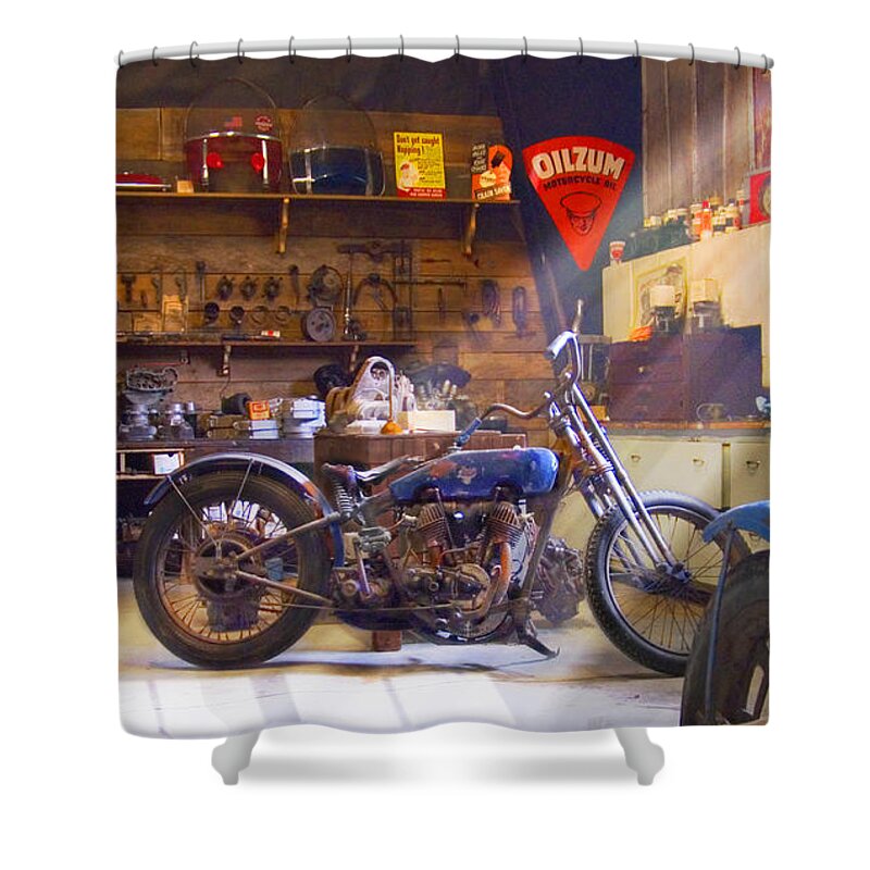 Motorcycle Shop Shower Curtain featuring the photograph Old Motorcycle Shop 2 by Mike McGlothlen