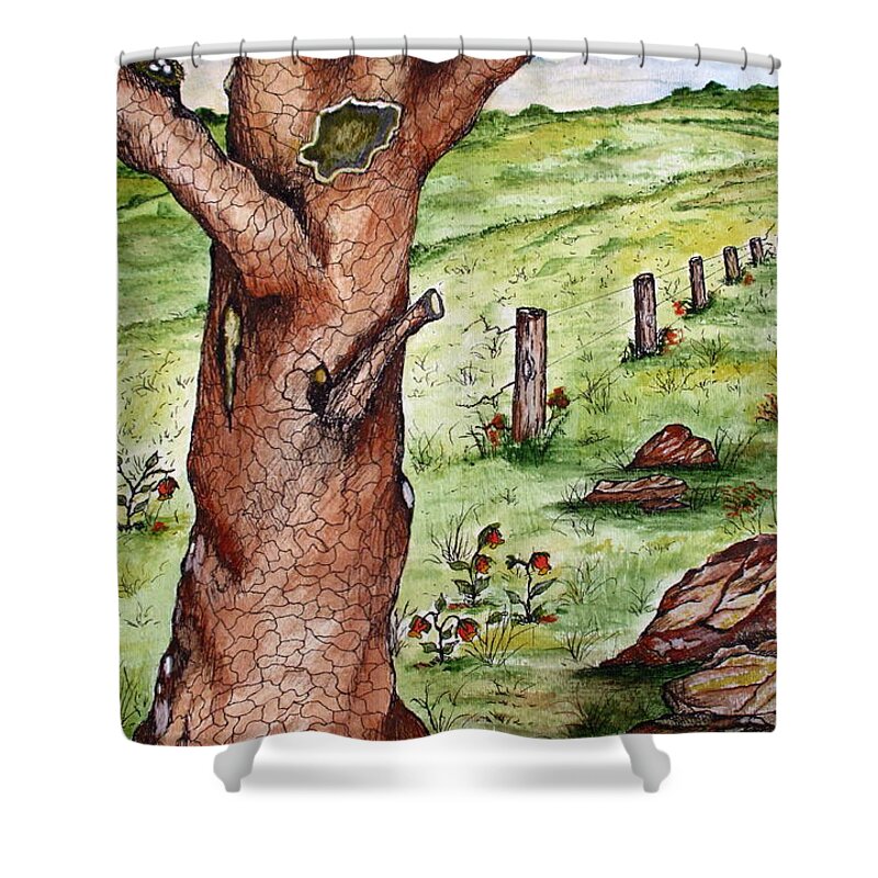 Oak Shower Curtain featuring the painting Old Oak Tree with Birds' Nest by Ashley Goforth