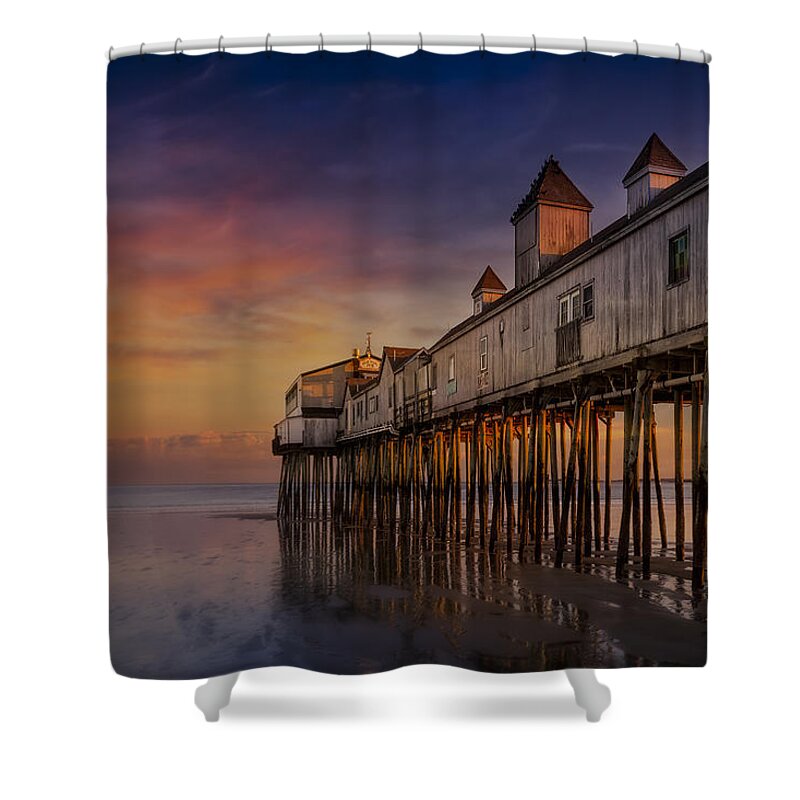 Old Orchard Beach Shower Curtain featuring the photograph Old Orchard Beach Pier Sunset by Susan Candelario