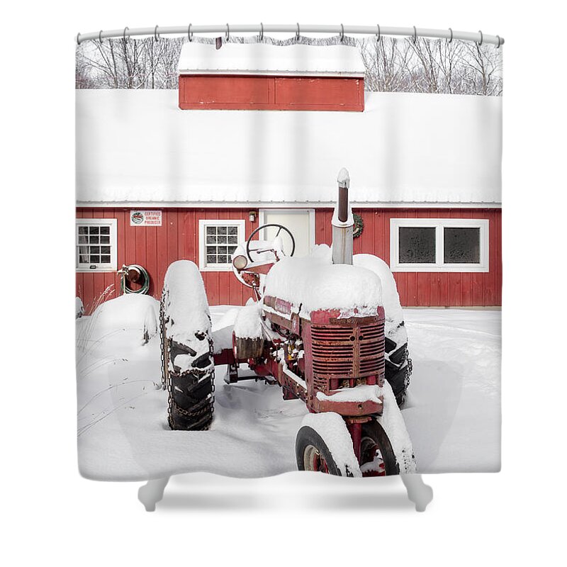 Big Shower Curtain featuring the photograph Old red tractor in front of classic sugar shack by Edward Fielding