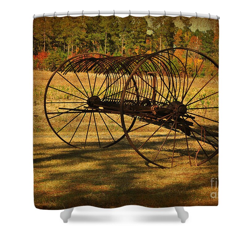 Hay Rake Shower Curtain featuring the photograph Old Rusty Hay Rake by Kathy Baccari