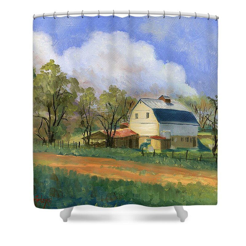 Saunders Shower Curtain featuring the painting Old Saunders Barn by Jeff Brimley