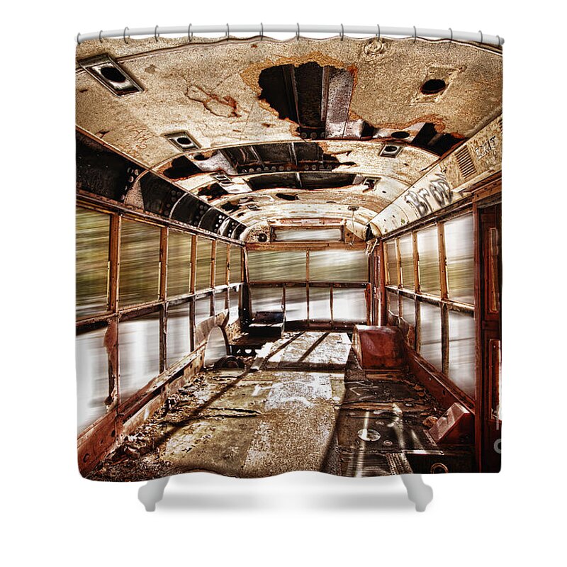 'school Bus' Shower Curtain featuring the photograph Old School Bus In Motion HDR by James BO Insogna