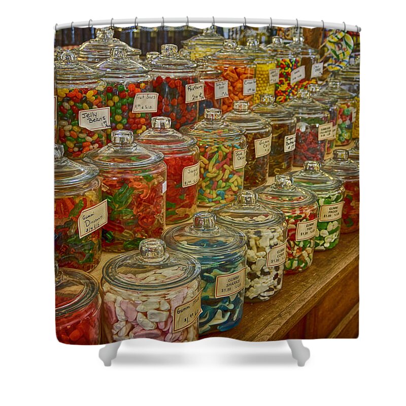 Old Village Mercantile Shower Curtain featuring the photograph Old Village Mercantile Caledonia MO Candy Jars DSC04014 by Greg Kluempers