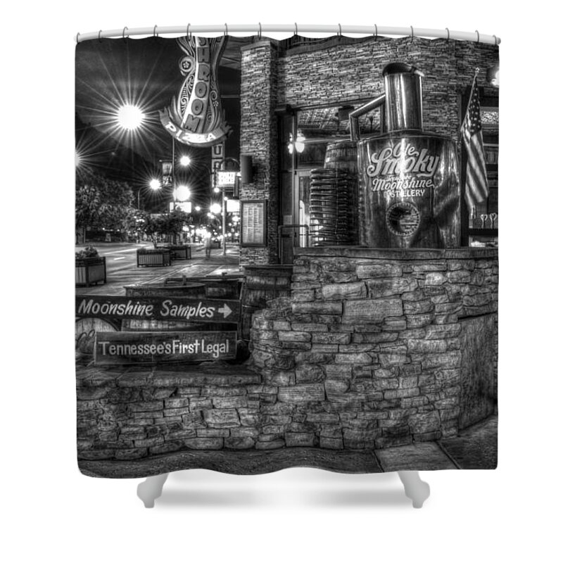 Old Smoky Tennessee Moonshine Distillery Shower Curtain featuring the photograph Ole Smoky Tennessee Moonshine in Black and White by Greg and Chrystal Mimbs