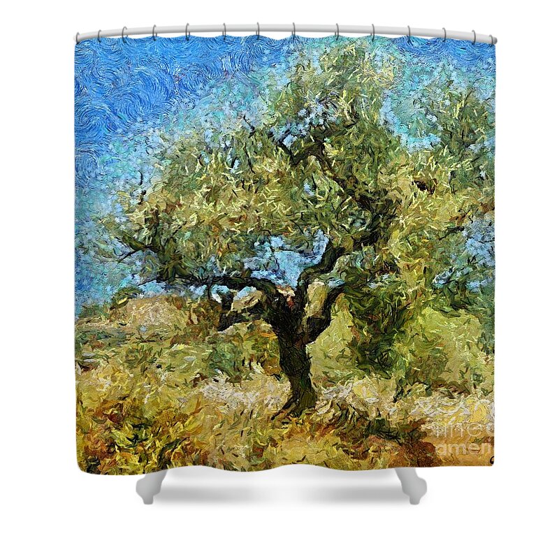 Landscapes Shower Curtain featuring the mixed media Olive tree on Van Gogh manner by Dragica Micki Fortuna