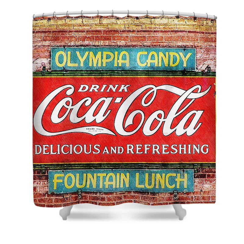 Coca Cola Shower Curtain featuring the painting Olympia Candy by Sandy MacGowan