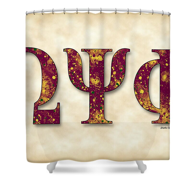 Omega Psi Phi Shower Curtain featuring the digital art Omega Psi Phi - Parchment by Stephen Younts
