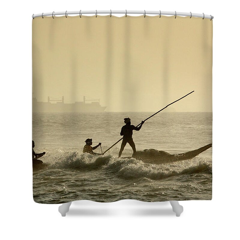 Marina Beach Shower Curtain featuring the photograph On Job At Marina by Muralidharan Alagar Arts And Photography
