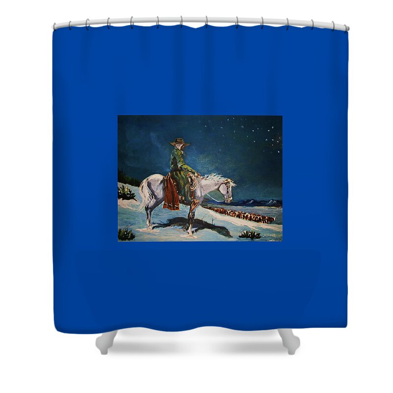 Westerm Art Shower Curtain featuring the painting On Night Herd in Winter by Al Brown