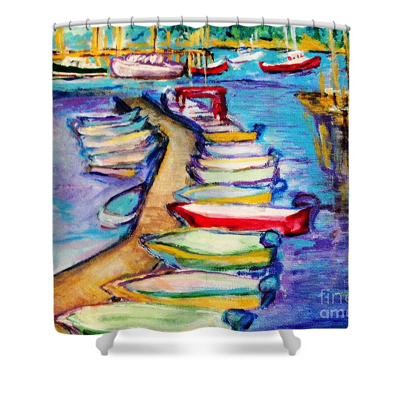 Sailboard Shower Curtain featuring the painting On The Boardwalk by Helena Bebirian