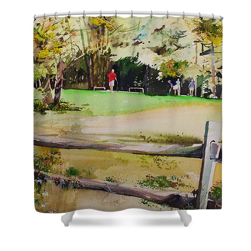 Putting Green Shower Curtain featuring the painting On the Green by P Anthony Visco