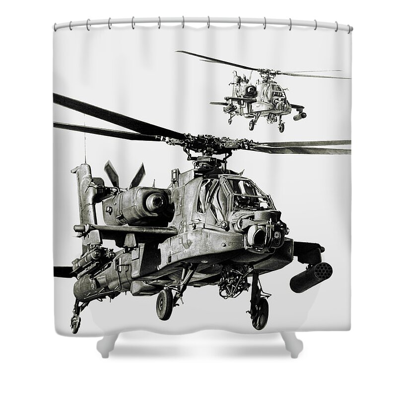 Attack Helicopter Shower Curtain featuring the drawing On The Way by Murray Jones