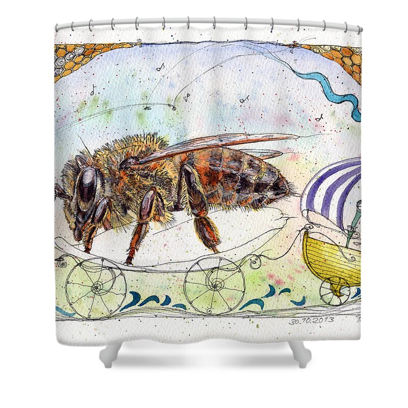 Bees Shower Curtain featuring the painting On Wheels by Petra Rau
