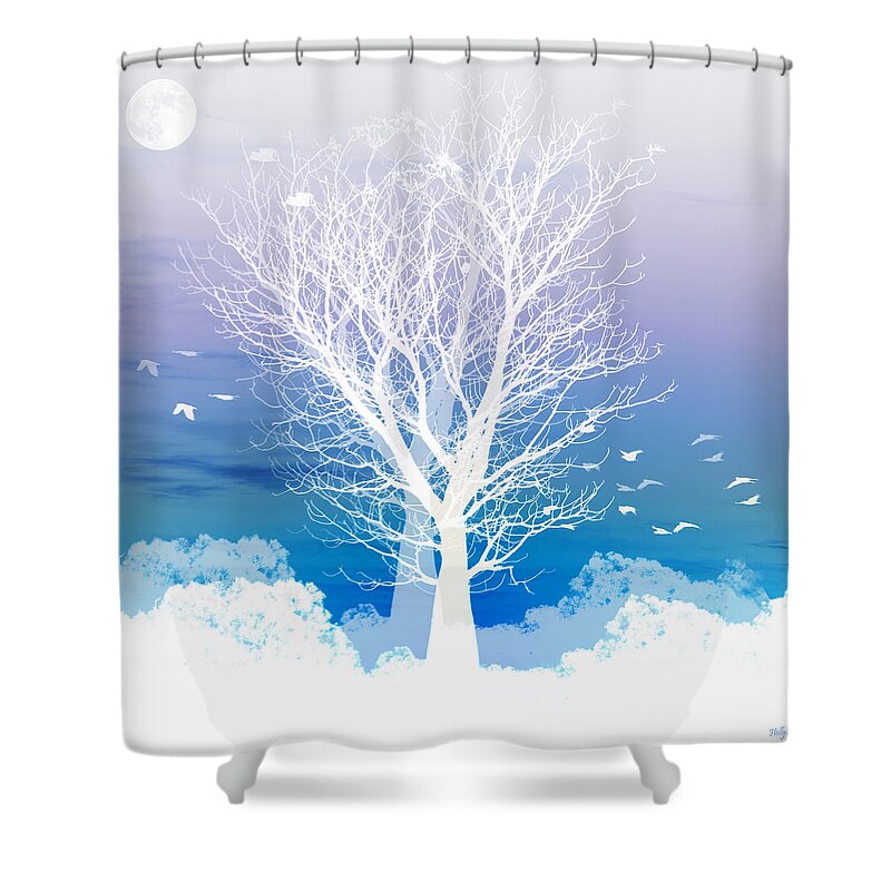 Tree Blue Moon Purple Birds Flying Square Boab Negative Abstract Landscapes Fantasy Shower Curtain featuring the photograph Once upon a moon lit night... by Holly Kempe
