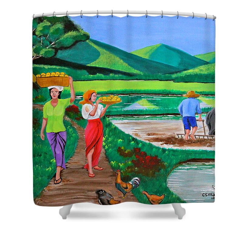 Carabao Shower Curtain featuring the painting One Beautiful Morning in the Farm by Cyril Maza