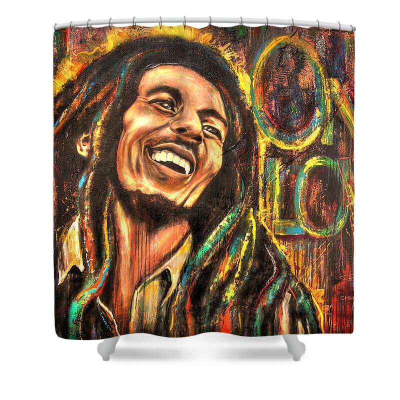 Bob Shower Curtain featuring the painting Bob Marley - One Love by Robyn Chance
