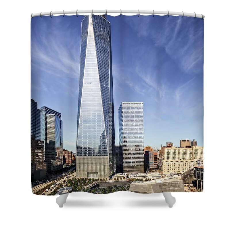 World Trade Center Shower Curtain featuring the photograph One World Trade Center Reflecting Pools by Susan Candelario