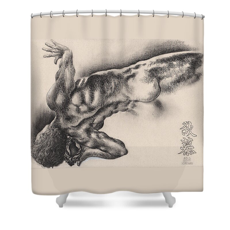 Male Nude Shower Curtain featuring the drawing Only His True Love's Voice by Scott Kirkman