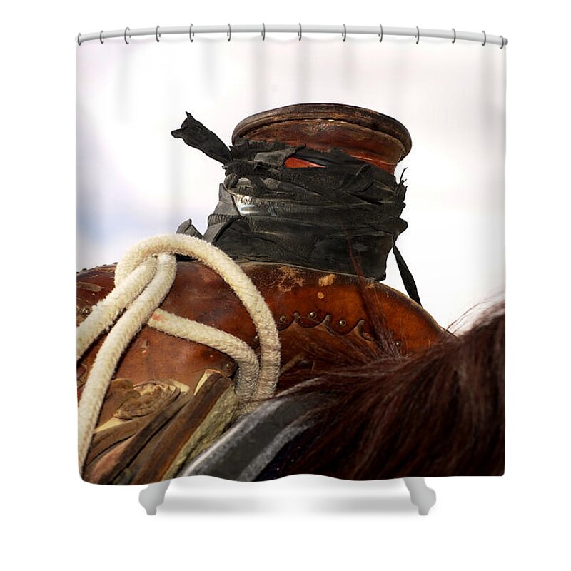 Western Art Shower Curtain featuring the photograph Open Range Saddle by Amanda Smith
