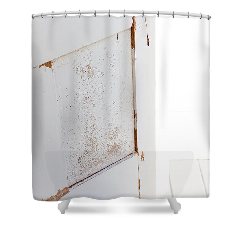 Conceptual Shower Curtain featuring the photograph Open White Door With Latch by Jo Ann Tomaselli