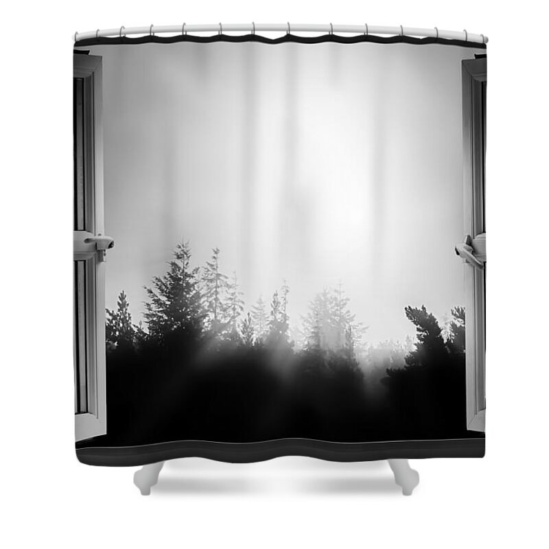 Window Shower Curtain featuring the photograph Open window at night BW by Simon Bratt