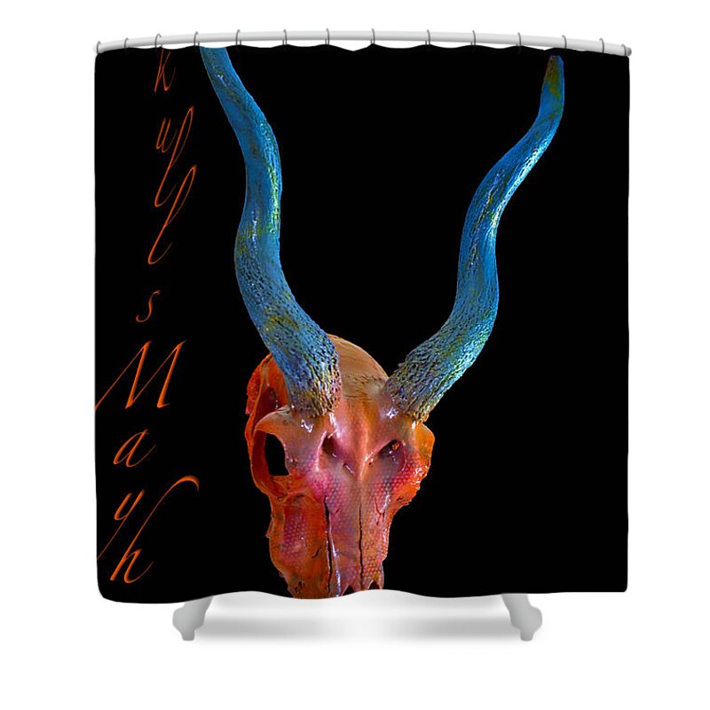 Blackbuck Art Shower Curtain featuring the mixed media Orange and Blue Illuminating Blackbuck Skull by Mayhem Mediums