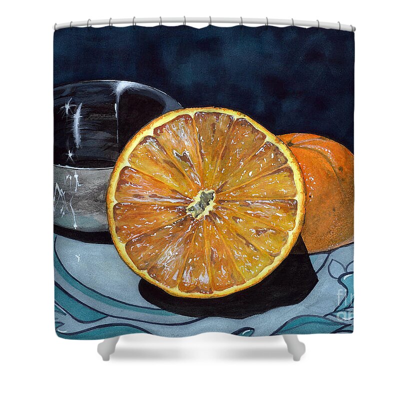 Fruit Shower Curtain featuring the painting Orange and Silver by Barbara Jewell