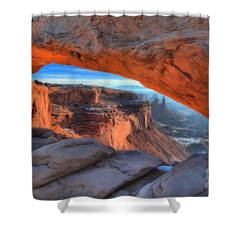 Mesa Arch Sunrise Shower Curtain featuring the photograph Orange Pastel Glow by Adam Jewell