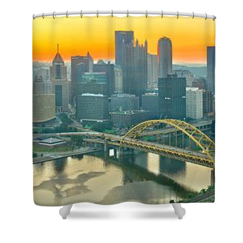 Duquesne Incline Shower Curtain featuring the photograph Orange Skies And A Red Car by Adam Jewell
