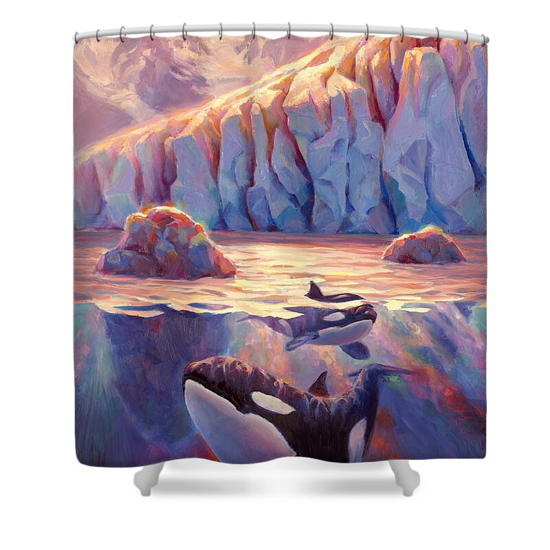 Orca Shower Curtain featuring the painting Orca Sunrise at the Glacier by K Whitworth