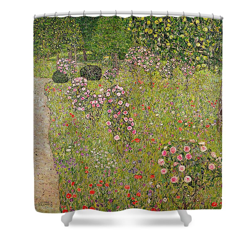 Klimt Shower Curtain featuring the painting Orchard With Roses Obstgarten Mit Rosen by Gustav Klimt