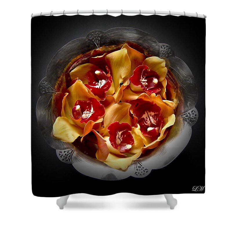 Flowers Shower Curtain featuring the photograph Orchids in a Silver Bowl Still Life Flower Art Poster by Lily Malor